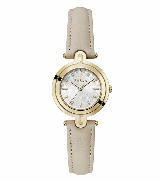 Beige Furla watch showcasing a sleek dial, minimalist markers, and leather strap, angled elegantly from the side.