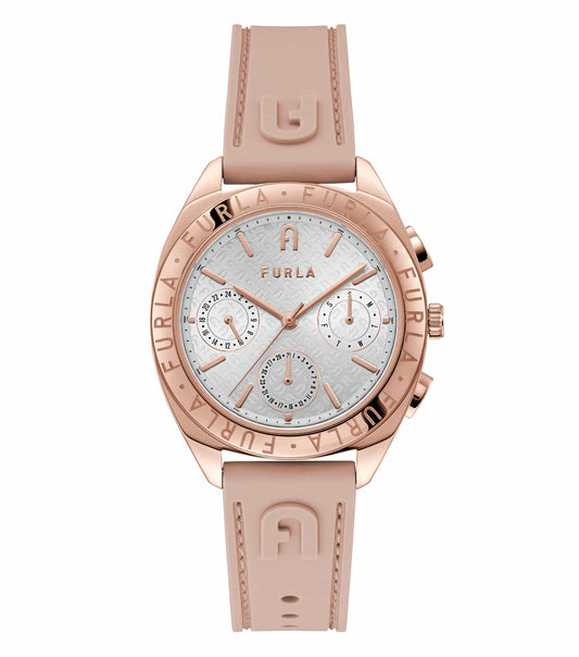 Elegant pink Furla women's watch close-up, showcasing exquisite details and feminine design at a stylish side angle.