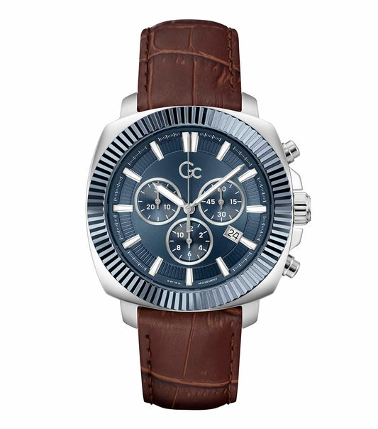 Gc luxury watch with silver stainless steel bracelet, round dial, and elegant design captured at a slight angle, showcasing craftsmanship.