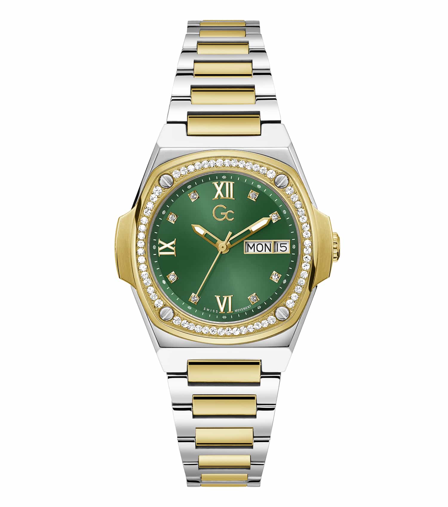 GC brand green watch showcased at a front-facing angle, highlighting its elegant design and durable strap, perfect for style enthusiasts.