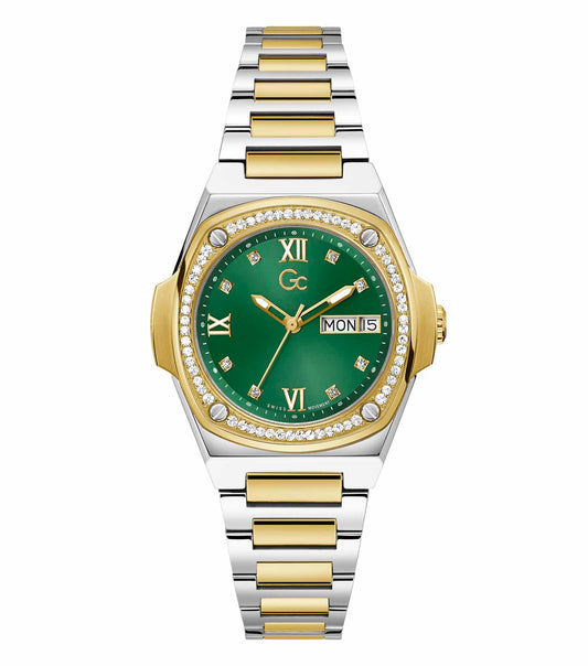 GC brand green watch showcased at a front-facing angle, highlighting its elegant design and durable strap, perfect for style enthusiasts.