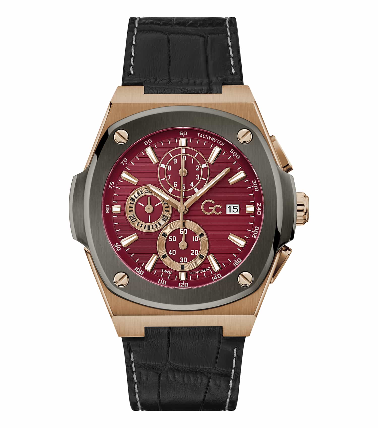 GC gold-tone men's watch with black dial and gold markers, featuring a link bracelet, showcased at a slight angle.