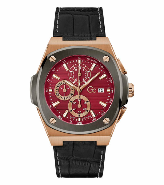 GC gold-tone men's watch with black dial and gold markers, featuring a link bracelet, showcased at a slight angle.