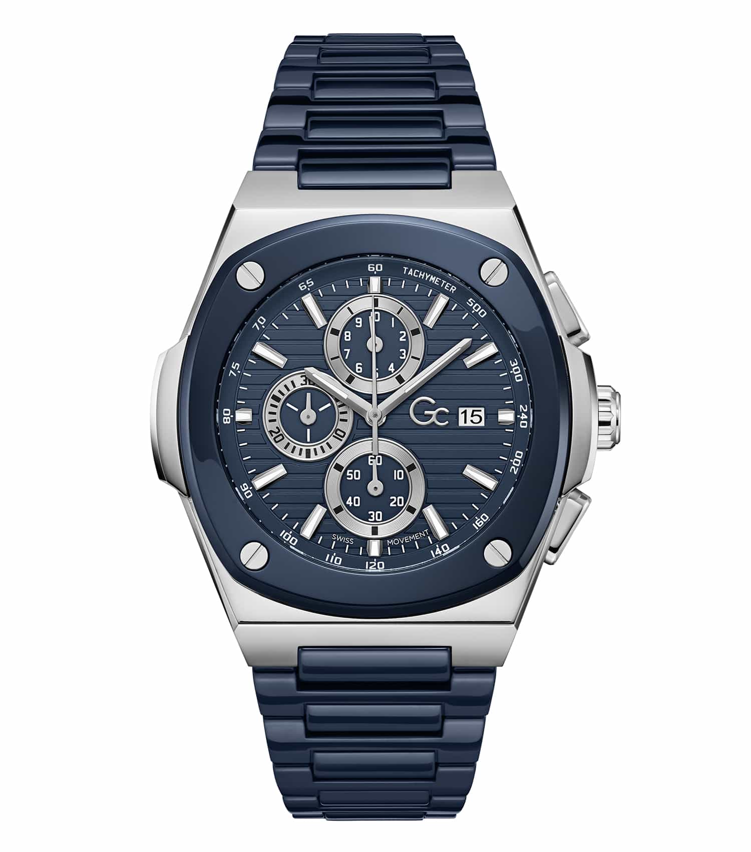 GC watch in monochrome, stylishly angled to display the intricate dial and robust strap, showcasing timepiece elegance.