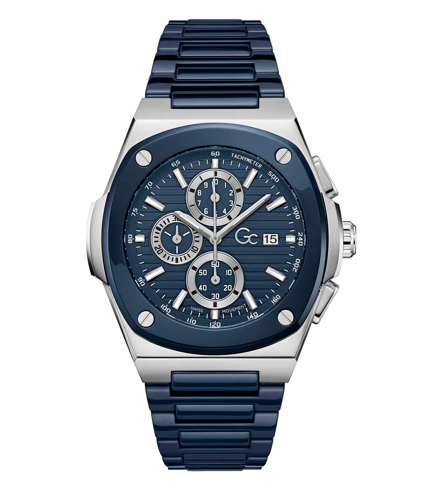 GC watch in monochrome, stylishly angled to display the intricate dial and robust strap, showcasing timepiece elegance.
