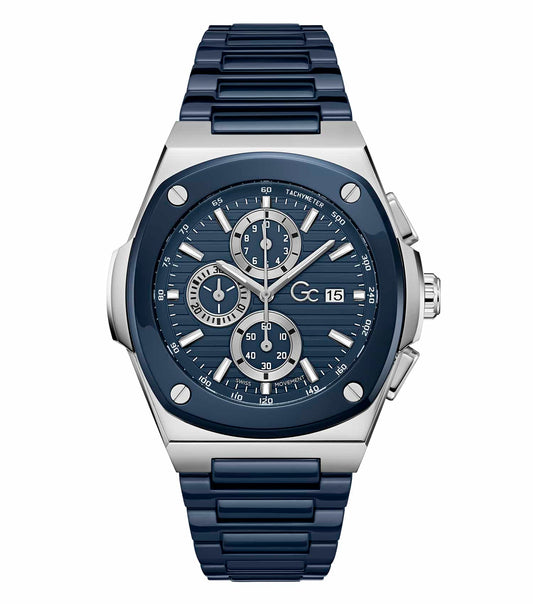 GC watch in monochrome, stylishly angled to display the intricate dial and robust strap, showcasing timepiece elegance.