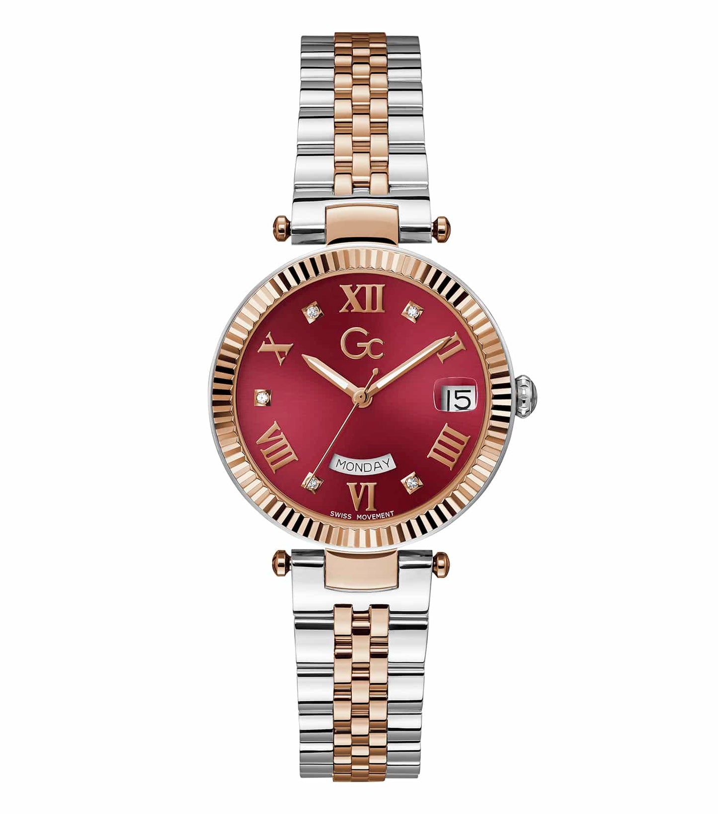 Elegant GC quartz watch with bold stainless steel case, frontal angle, showcasing sophisticated design and precision detail.