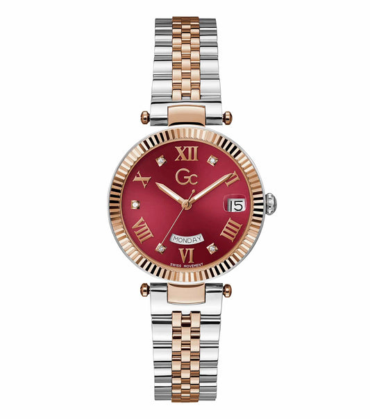 Elegant GC quartz watch with bold stainless steel case, frontal angle, showcasing sophisticated design and precision detail.