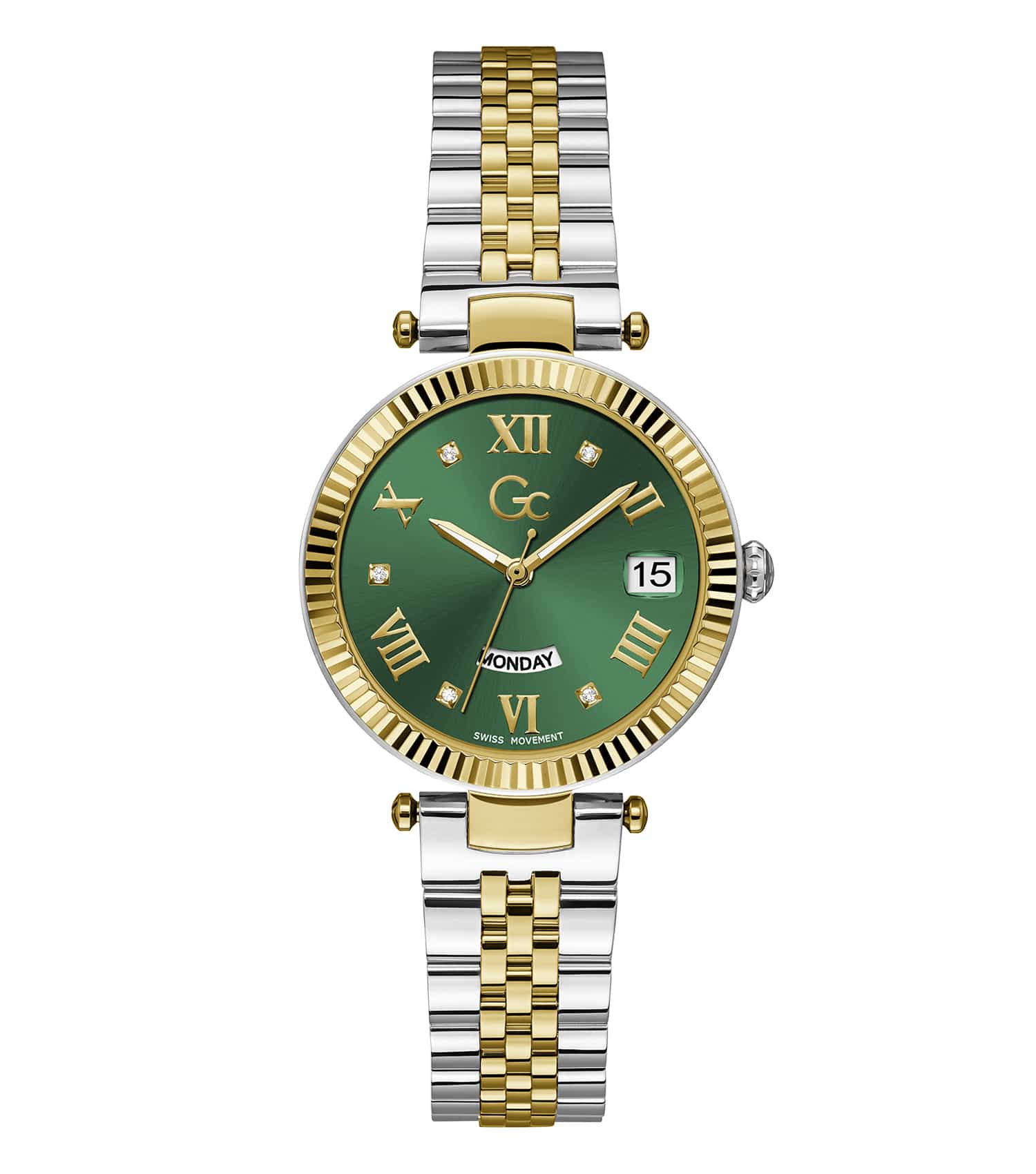 GC brand luxury watch in elegant gold, featuring a white dial, sleek hands, and Roman numerals, angled slightly to the left.