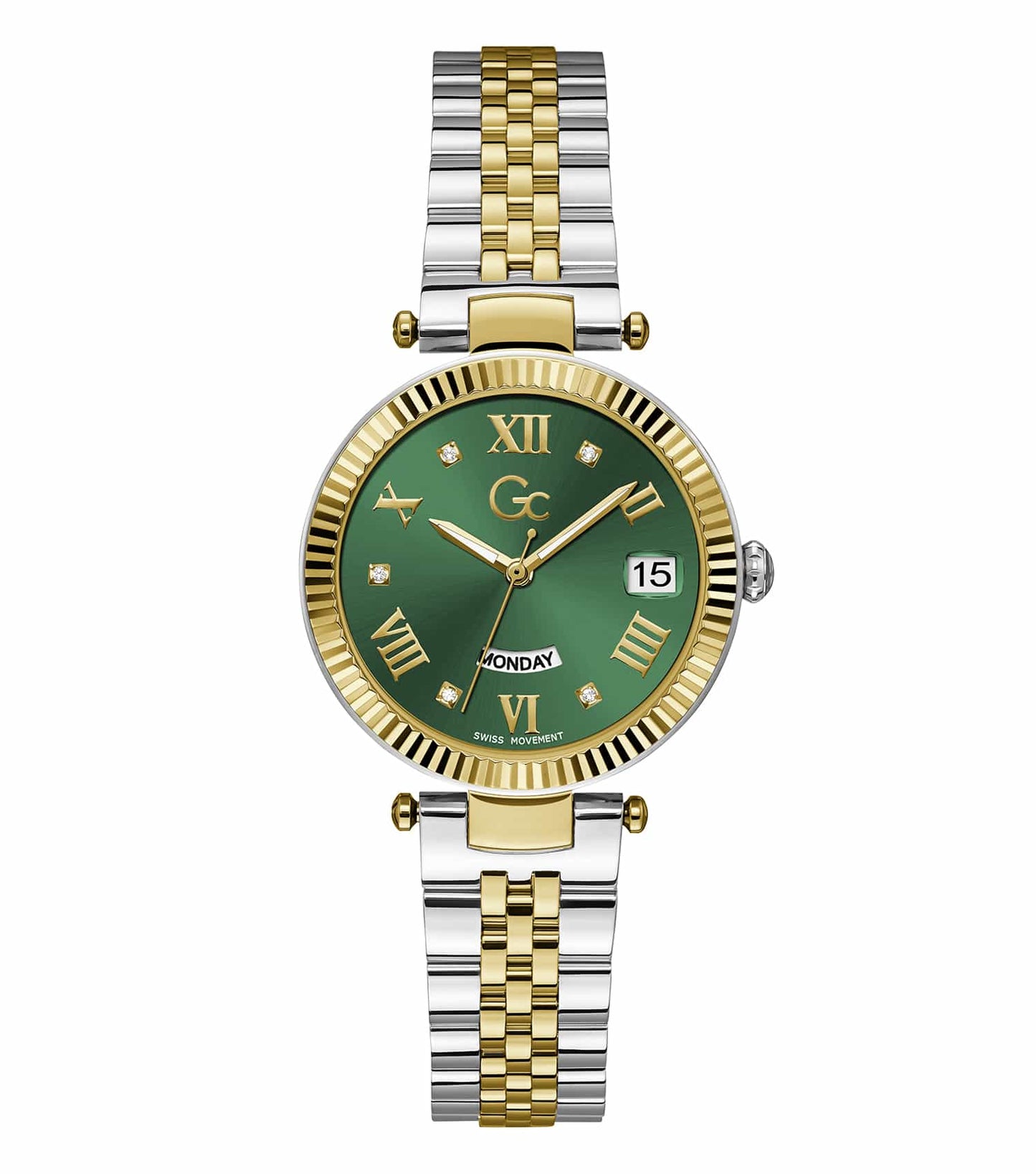 GC brand luxury watch in elegant gold, featuring a white dial, sleek hands, and Roman numerals, angled slightly to the left.