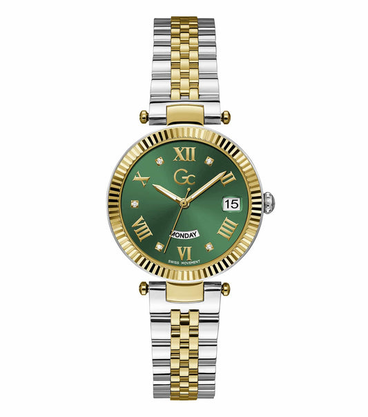 GC brand luxury watch in elegant gold, featuring a white dial, sleek hands, and Roman numerals, angled slightly to the left.