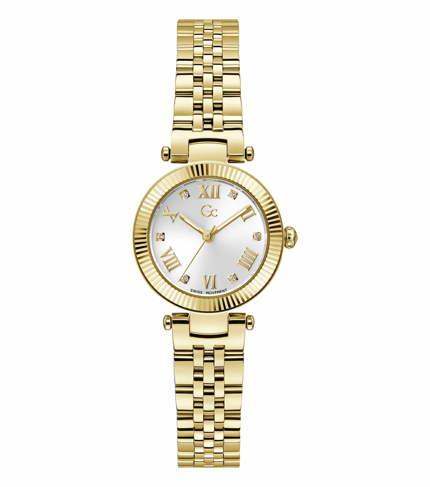 GC gold watch with a sleek round face, elegant link bracelet, and stylish angled dial, showcasing timeless luxury from a side perspective.