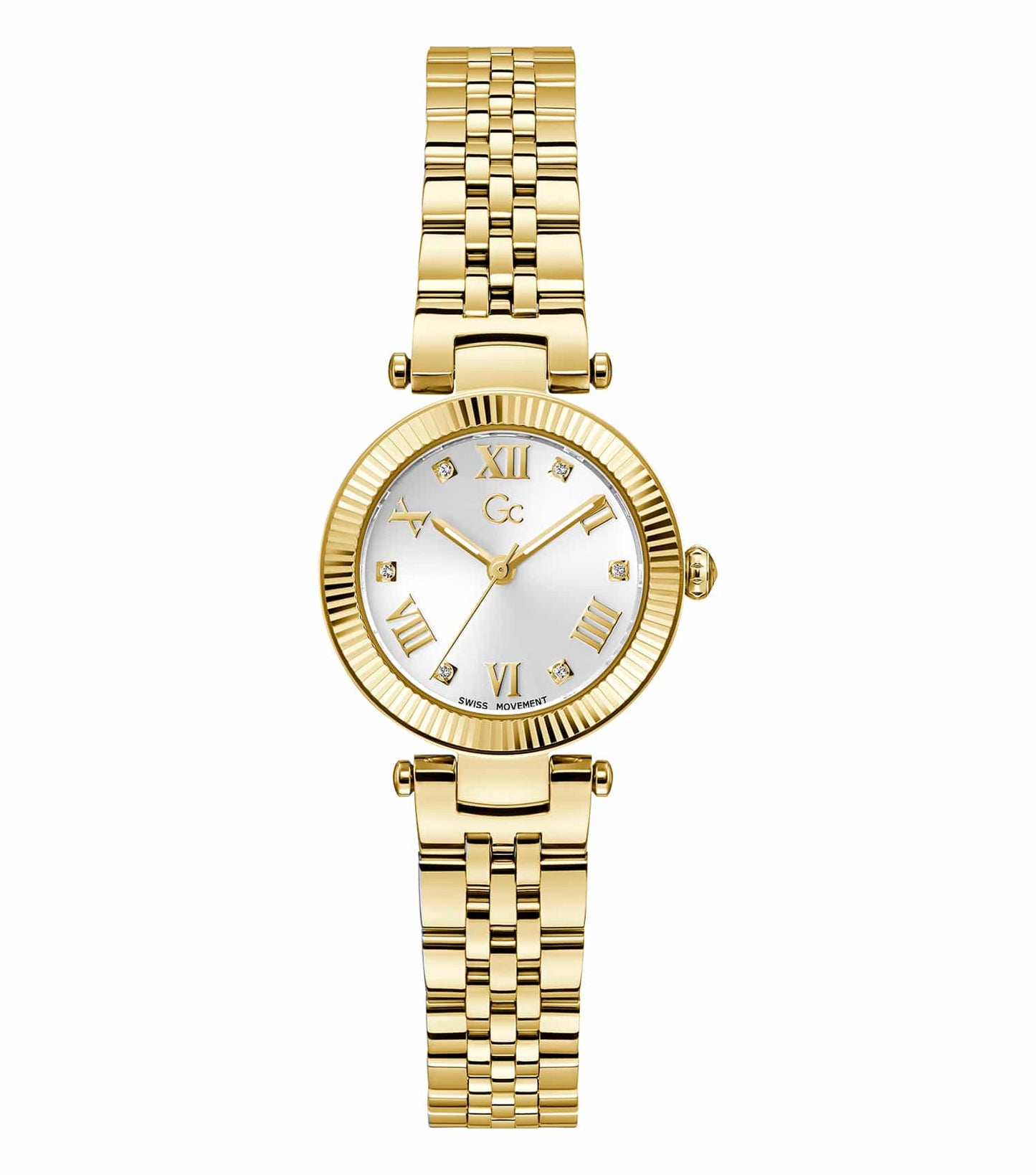 GC gold watch with a sleek round face, elegant link bracelet, and stylish angled dial, showcasing timeless luxury from a side perspective.