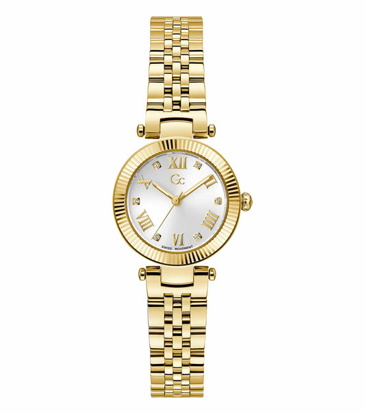 GC gold watch with a sleek round face, elegant link bracelet, and stylish angled dial, showcasing timeless luxury from a side perspective.