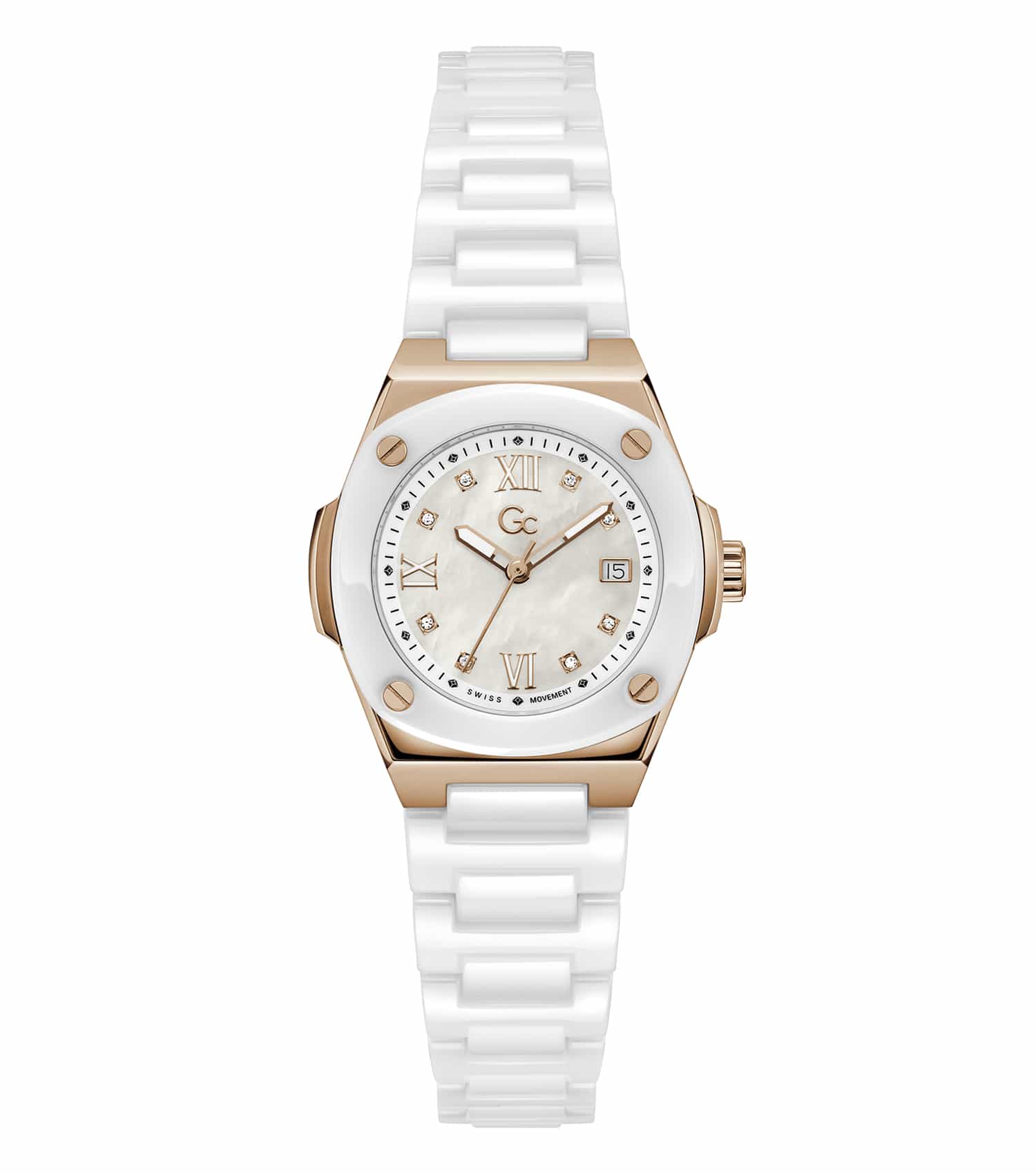 GC coussin-shaped watch in rose gold color, featuring a unique easygoing flow with a side angle view showcasing elegance.