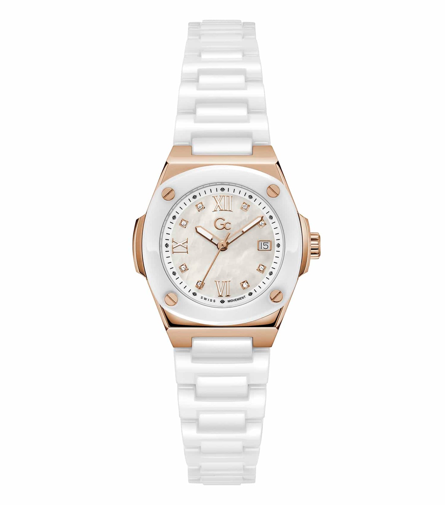 GC coussin-shaped watch in rose gold color, featuring a unique easygoing flow with a side angle view showcasing elegance.
