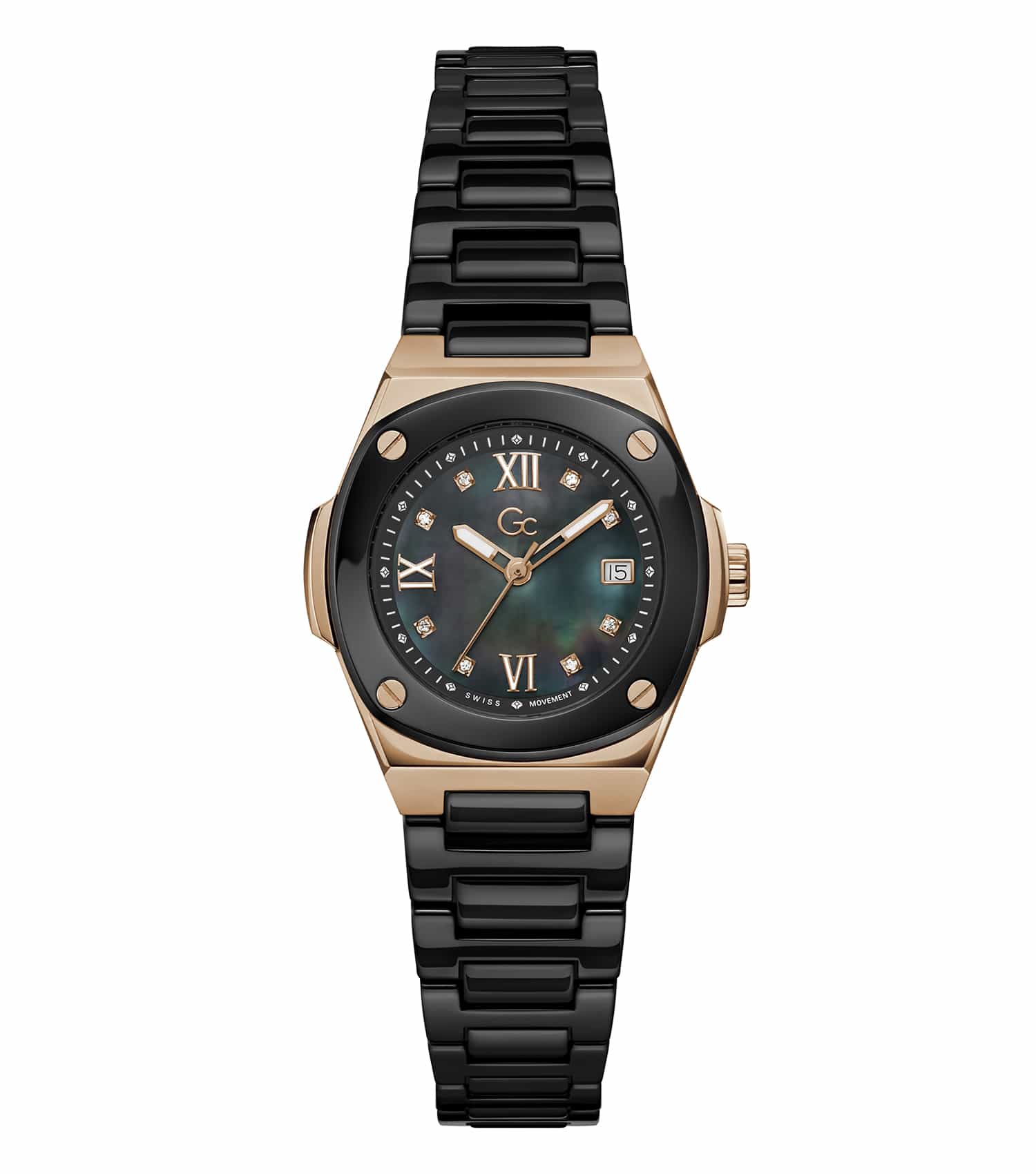 GC woman's luxury watch in classic silver with a round face, stainless steel bracelet, and Roman numerals, side angle view