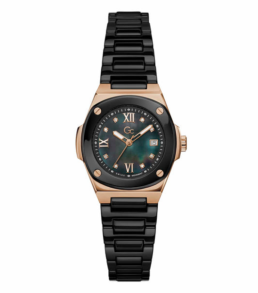 GC woman's luxury watch in classic silver with a round face, stainless steel bracelet, and Roman numerals, side angle view