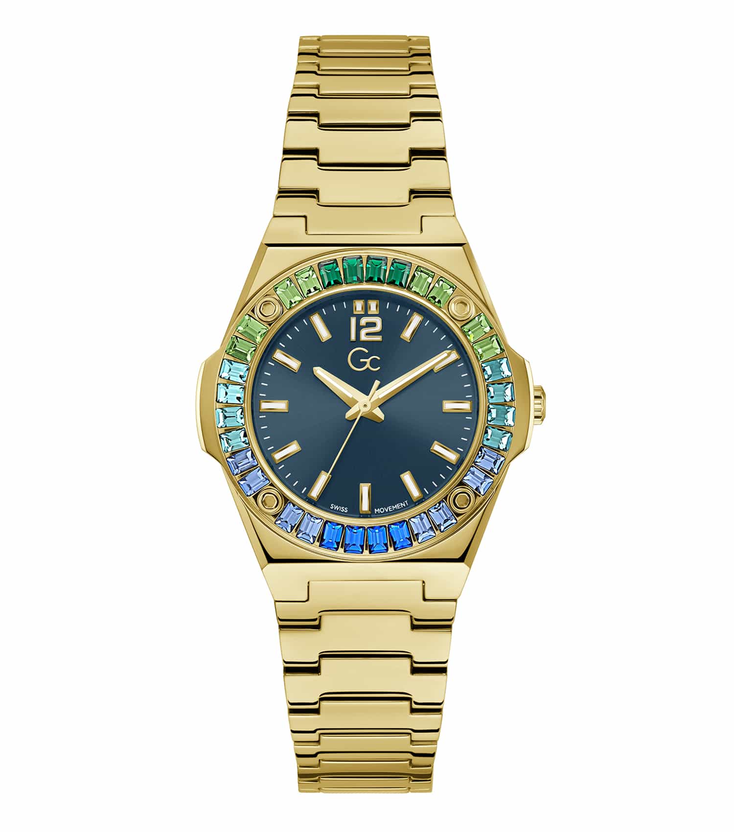 GC women's rose gold-toned watch, featuring a stylish mesh bracelet and sleek dial, angled slightly for a side view.