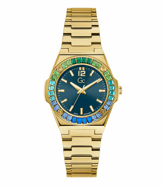GC women's rose gold-toned watch, featuring a stylish mesh bracelet and sleek dial, angled slightly for a side view.
