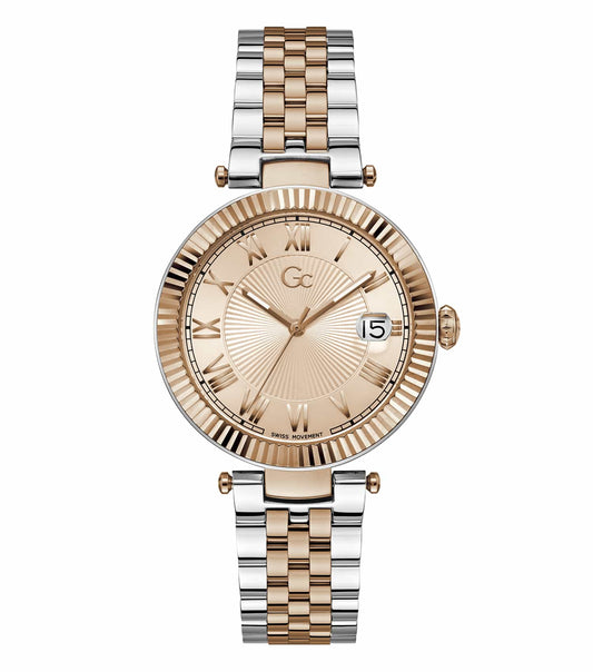 GC luxury watch featuring a sleek 2-tone design, showcasing an exquisite face with Roman numerals, angled view displaying side details.
