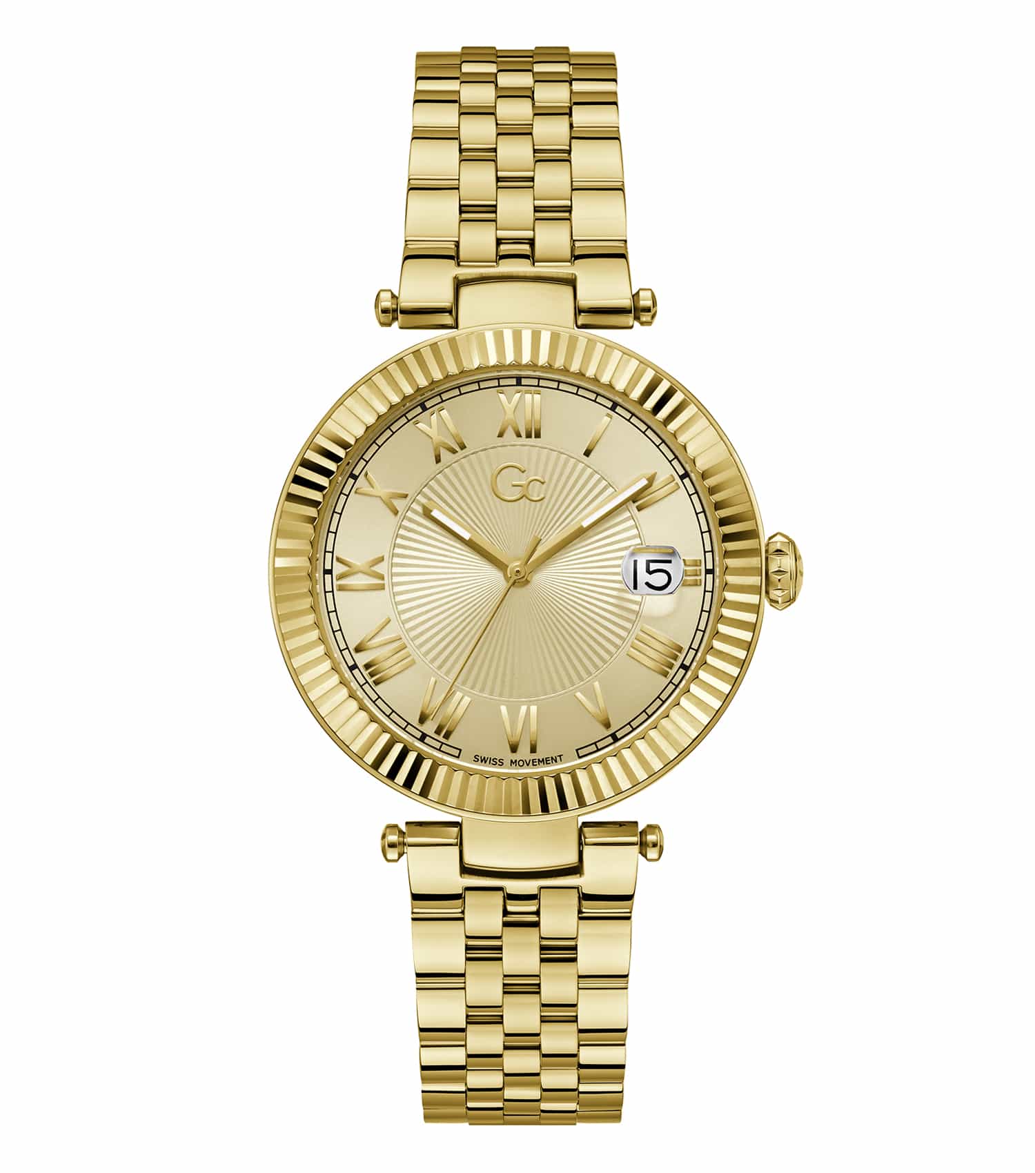GC stylish watch in elegant flair color with a round dial, stainless steel link bracelet, and right-side angle showing detailed craftsmanship.