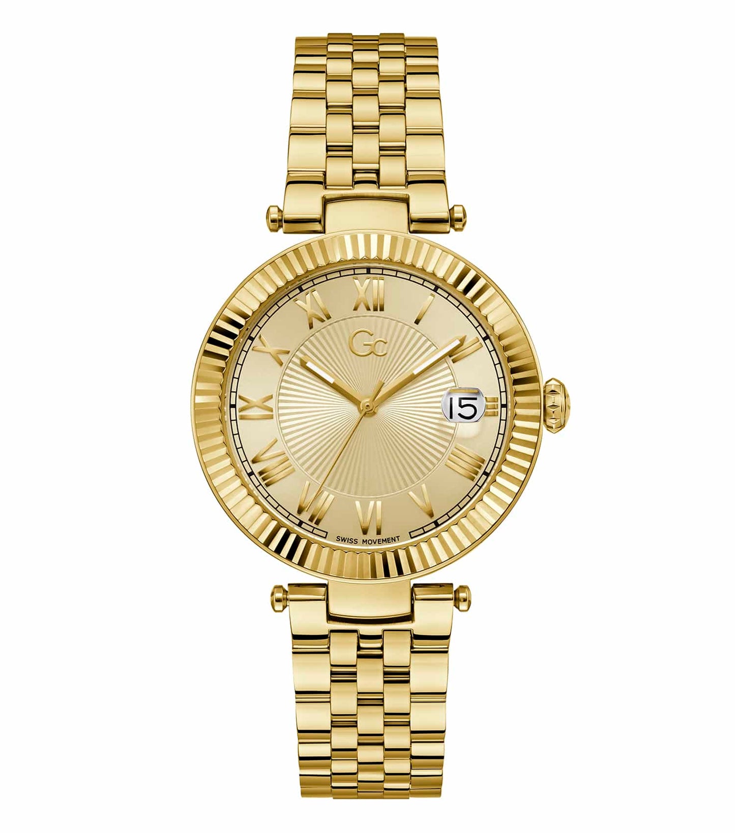 GC stylish watch in elegant flair color with a round dial, stainless steel link bracelet, and right-side angle showing detailed craftsmanship.