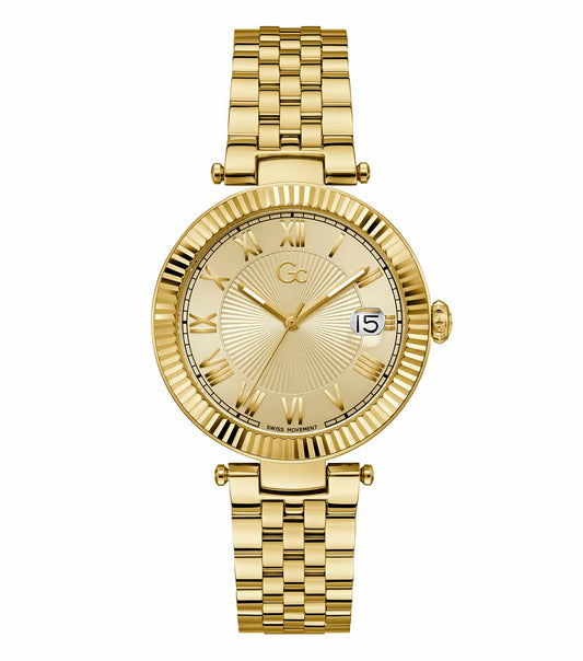 GC stylish watch in elegant flair color with a round dial, stainless steel link bracelet, and right-side angle showing detailed craftsmanship.