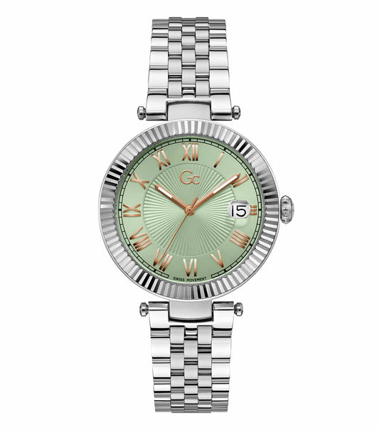 GC watch in vibrant flair color, showcasing a dazzling round face and elegant strap, angled stylishly at 38 degrees.