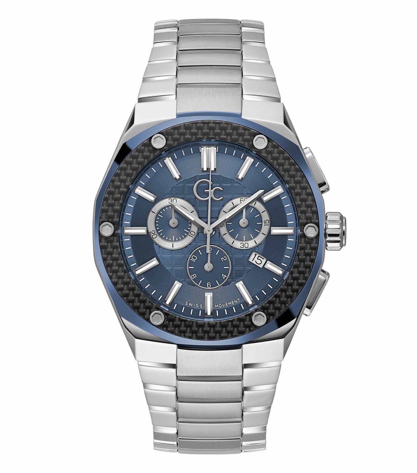 Luxurious GC silver watch with bold design, side angle view; stainless steel strap, sleek bezel, and intricate dial for style enthusiasts.