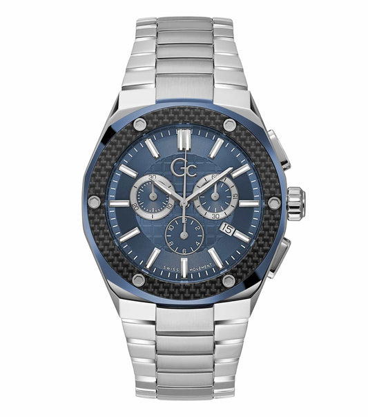 Luxurious GC silver watch with bold design, side angle view; stainless steel strap, sleek bezel, and intricate dial for style enthusiasts.