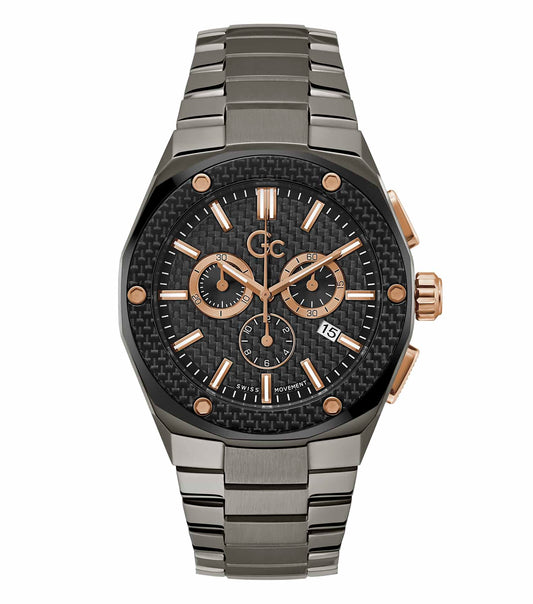 GC black watch with a sleek design, top angle view showcasing its elegant dial and premium craftsmanship, ideal for trendsetters.