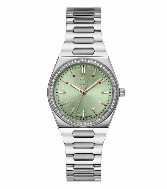 Elegant GC silver watch angled at 34 degrees, featuring a sleek metal strap and modern design, perfect for timepiece enthusiasts.