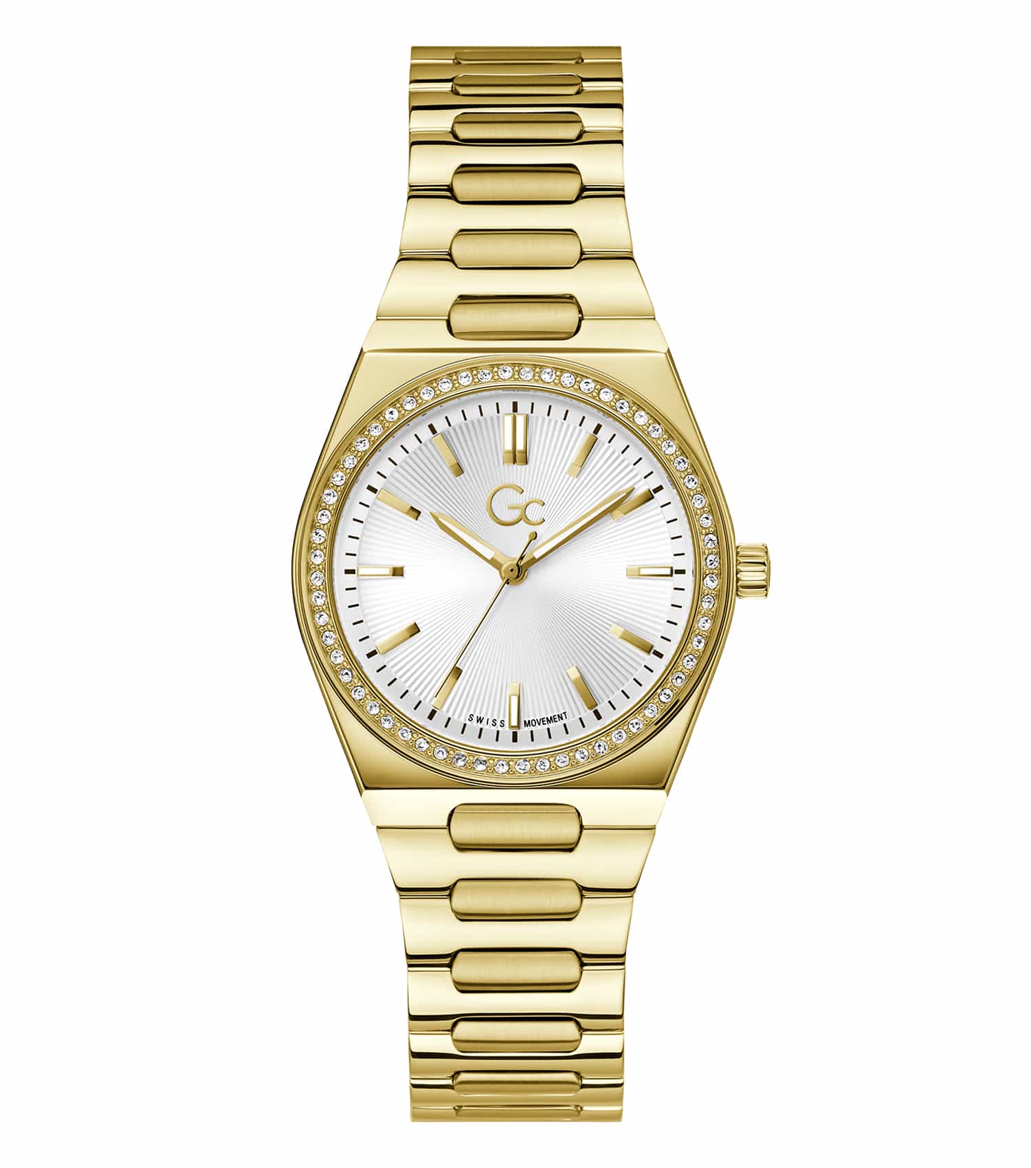 GC Prodigy women's watch in vibrant rose gold, showcasing a sleek design at a 34-degree angle with elegant details.