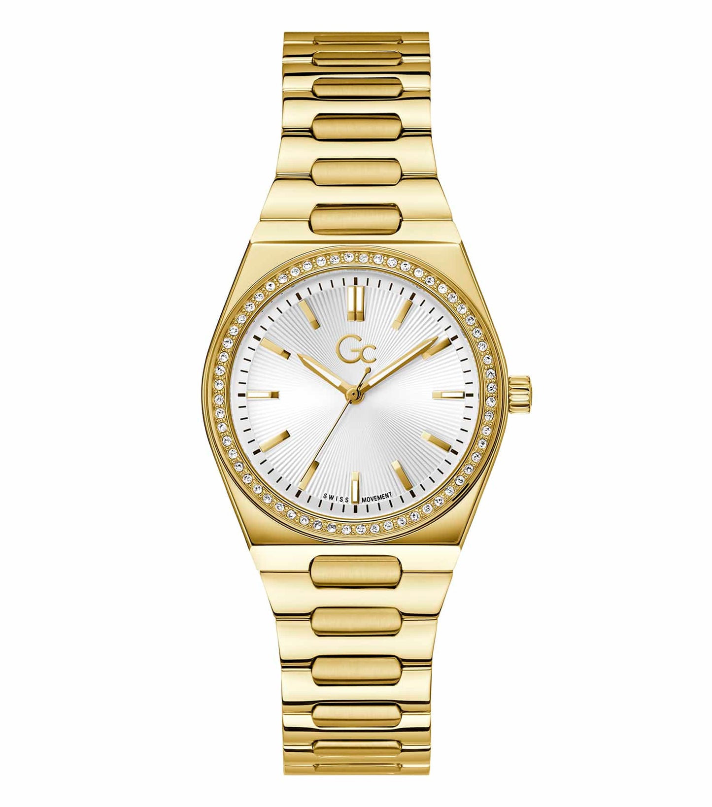 GC Prodigy women's watch in vibrant rose gold, showcasing a sleek design at a 34-degree angle with elegant details.