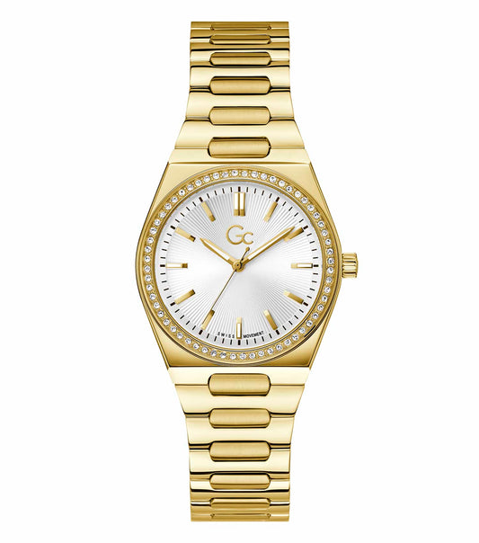 GC Prodigy women's watch in vibrant rose gold, showcasing a sleek design at a 34-degree angle with elegant details.