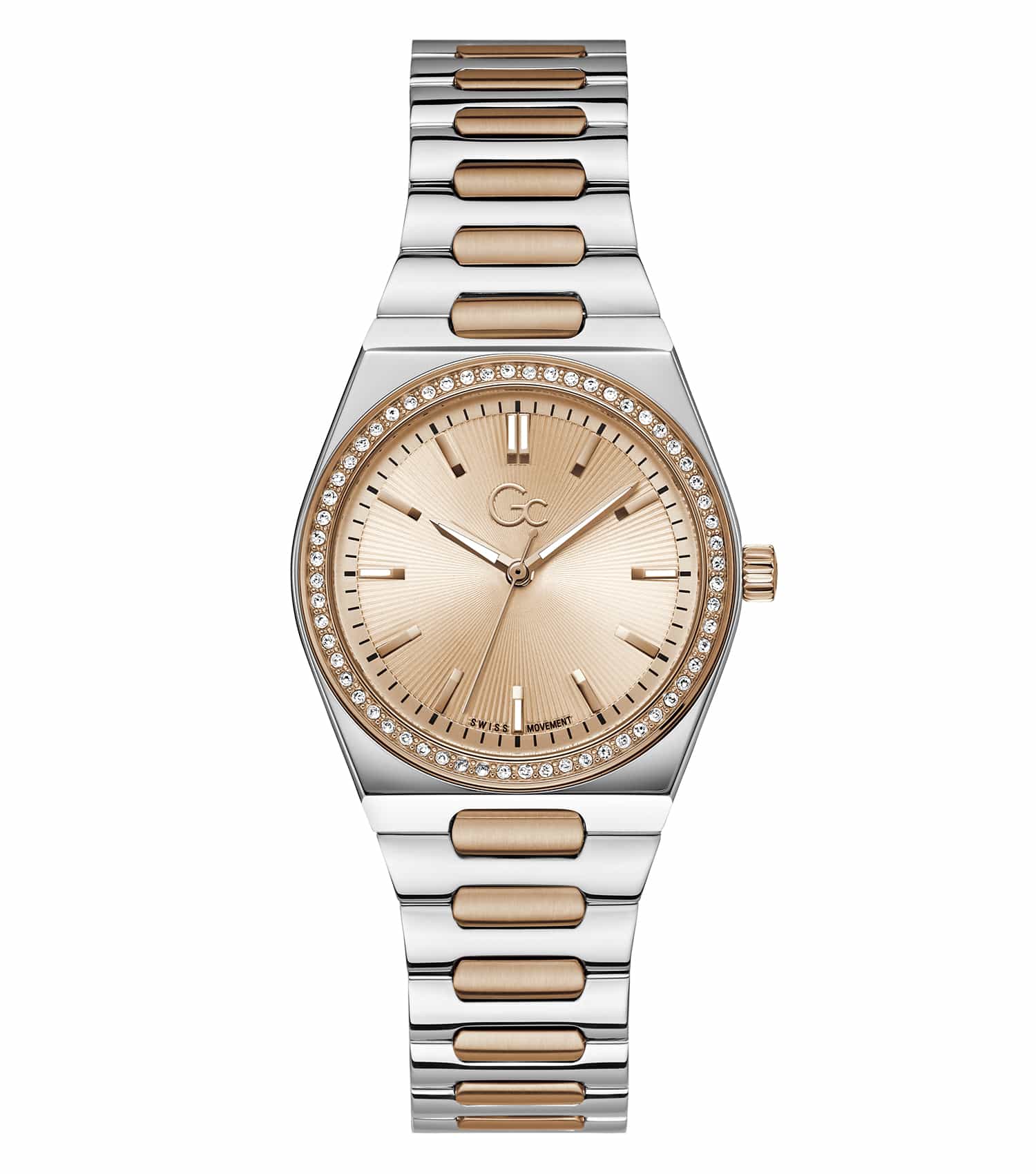 GC two-tone ladies watch with elegant silver and gold accents, beautifully displayed at a 34-degree angle, showcasing luxury design.