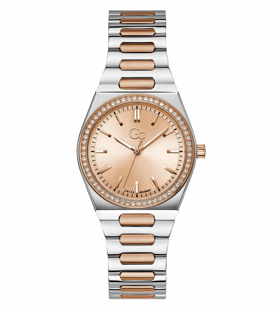 GC two-tone ladies watch with elegant silver and gold accents, beautifully displayed at a 34-degree angle, showcasing luxury design.