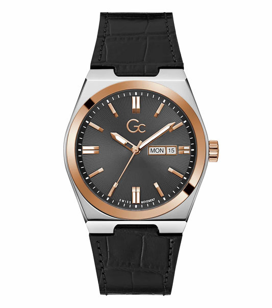GC black watch with round dial and leather strap, angled front view showcasing luxury timepiece design and premium finish.
