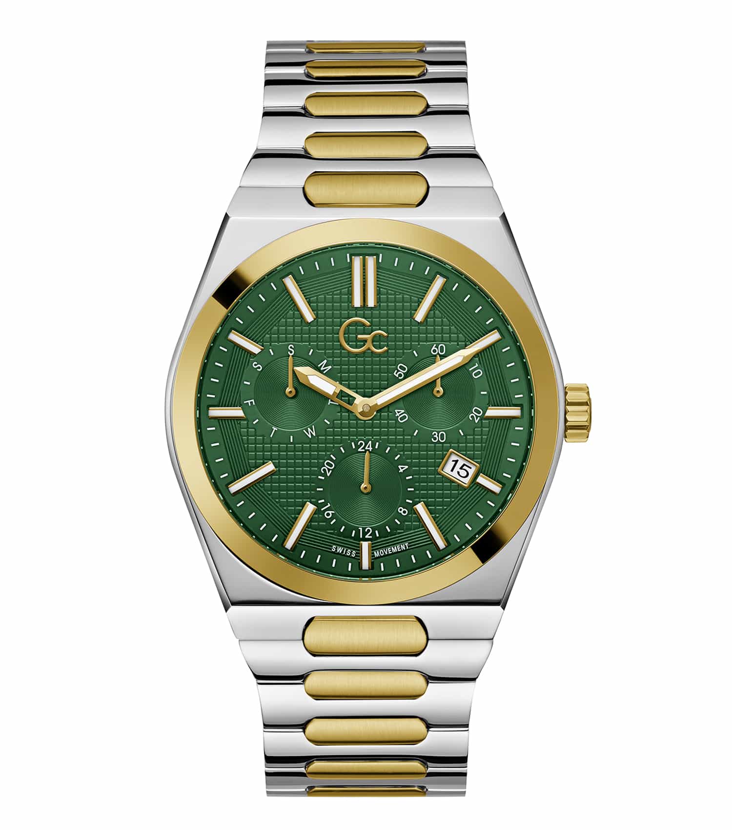 GC green watch at an angle offering a clear view of the elegant design, showcasing the sleek round face and sophisticated strap.