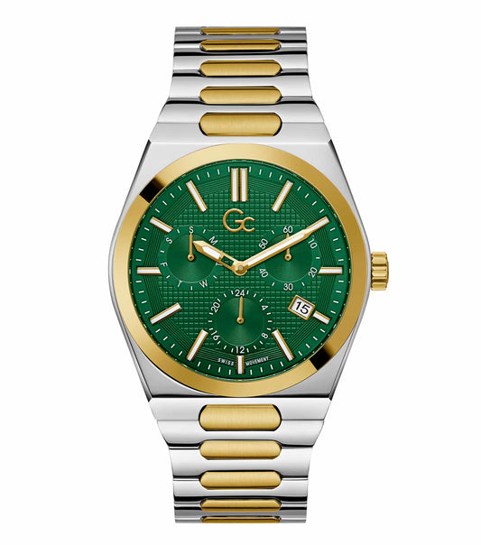 GC green watch at an angle offering a clear view of the elegant design, showcasing the sleek round face and sophisticated strap.