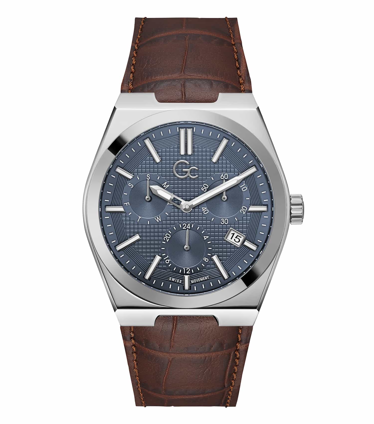 GC blue watch with an elegant dial at a slightly angled view, showcasing sophisticated design and luxurious details.