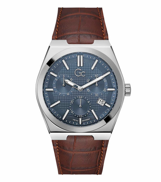 GC blue watch with an elegant dial at a slightly angled view, showcasing sophisticated design and luxurious details.