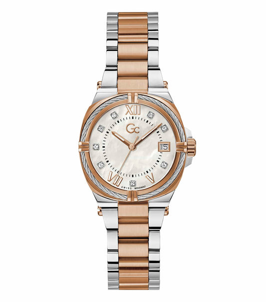Elegant GC white watch showcasing intricate details from a top angle, blending classic design with modern elegance in horology.