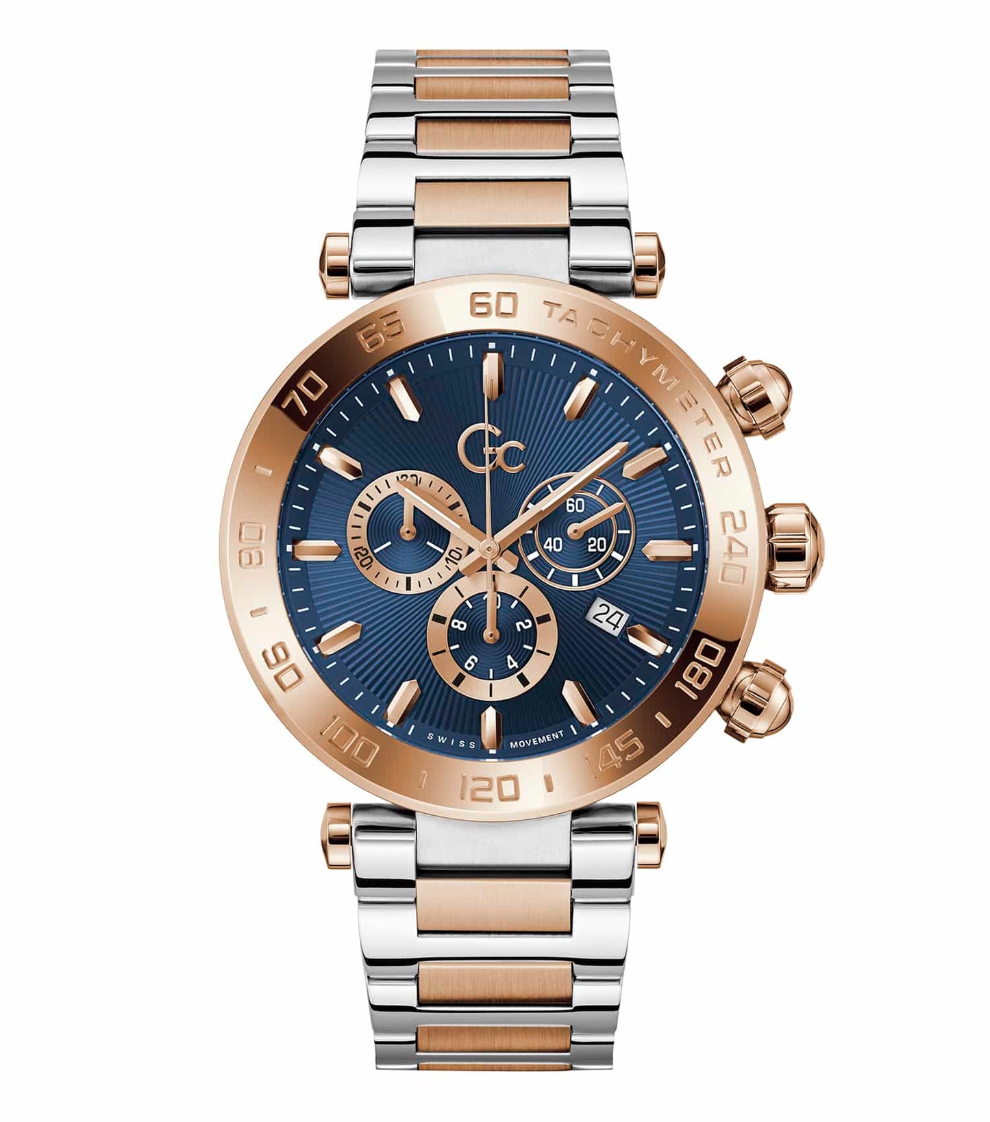 GC brand men's watch in a vibrant display, close-up angle showcasing sleek design with a black dial, silver case, and elegant strap.