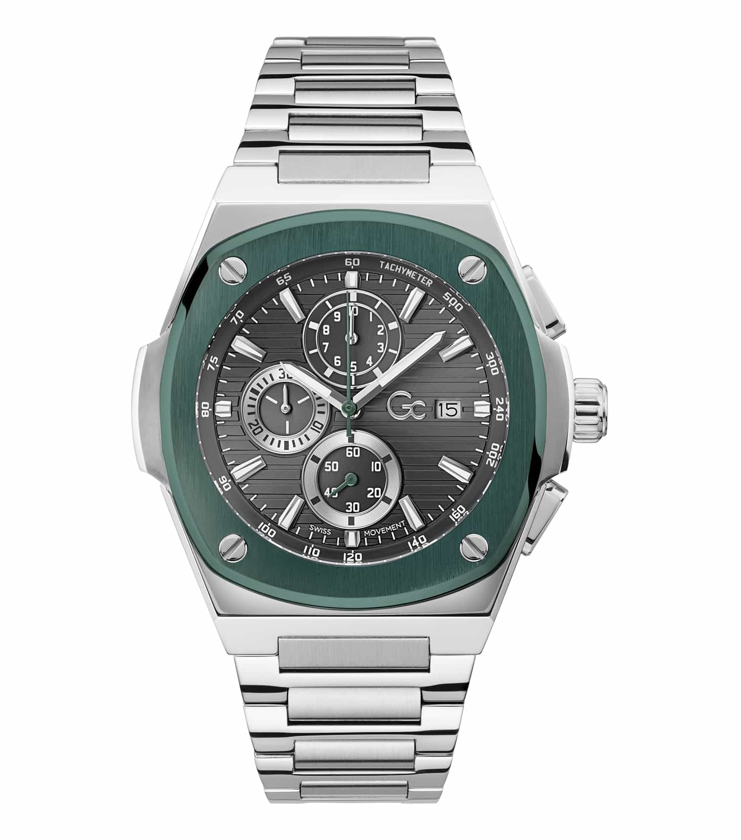 GC watch in black, angled left showcasing sleek design, intricate dial details, and elegant strap on white background, premium timepiece
