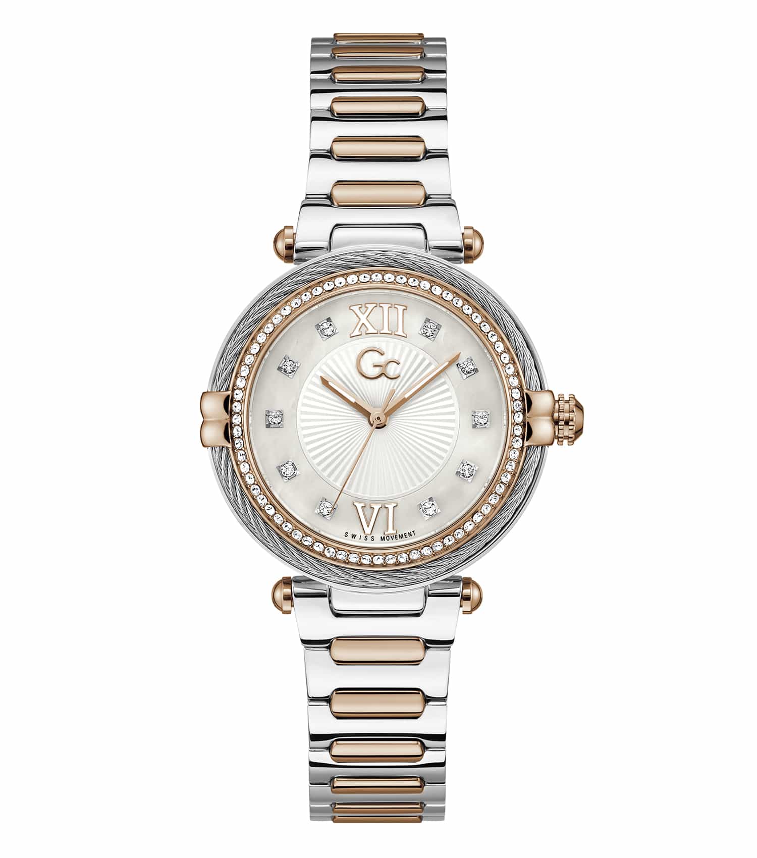 Quartz-colored GC watch with a sleek stainless steel strap, showcasing a modern round dial at an elegant 45-degree angle.