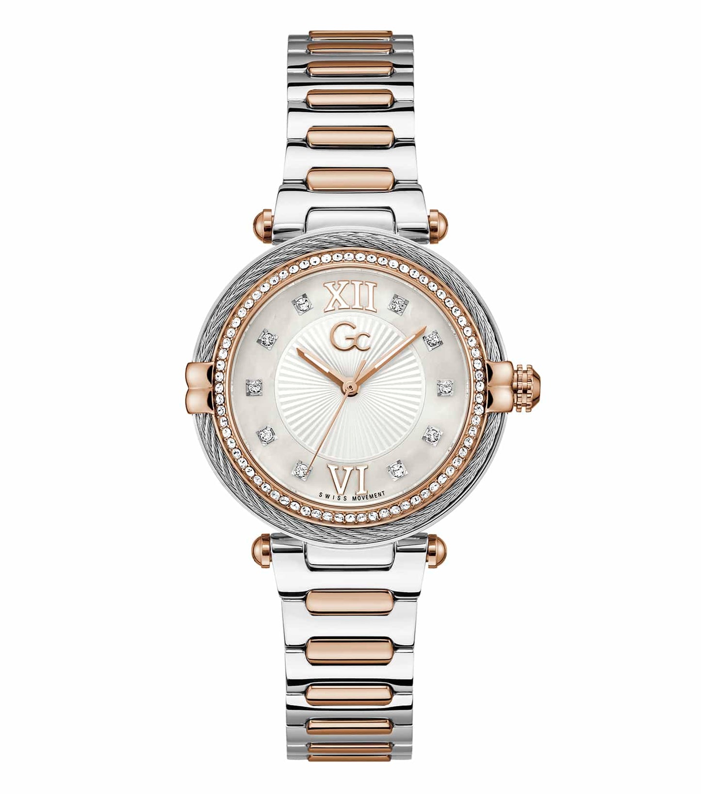 Quartz-colored GC watch with a sleek stainless steel strap, showcasing a modern round dial at an elegant 45-degree angle.