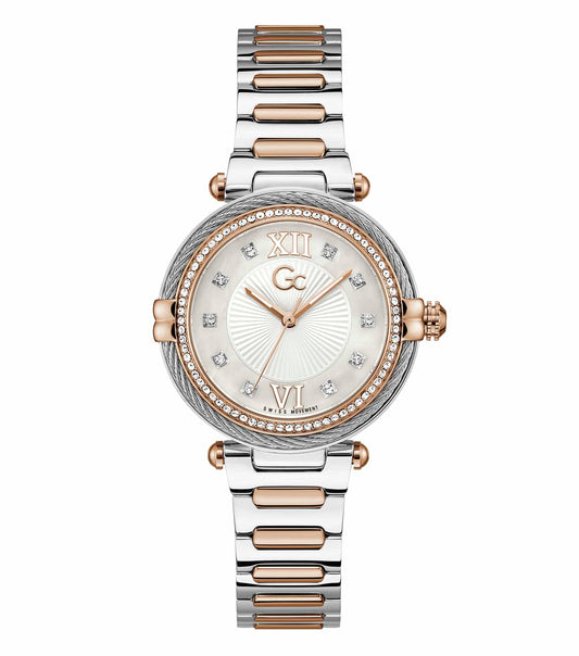Quartz-colored GC watch with a sleek stainless steel strap, showcasing a modern round dial at an elegant 45-degree angle.