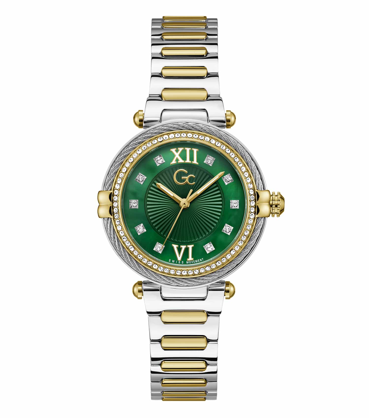 Elegant GC silver-tone watch showcasing minimalist design, captured front-facing, exuding timeless sophistication for style enthusiasts.